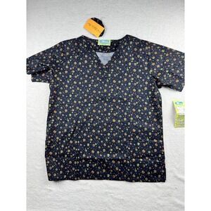 TL Uniforms Women's V Neck Scrub Top Size Large Black With Neon Swirls Design